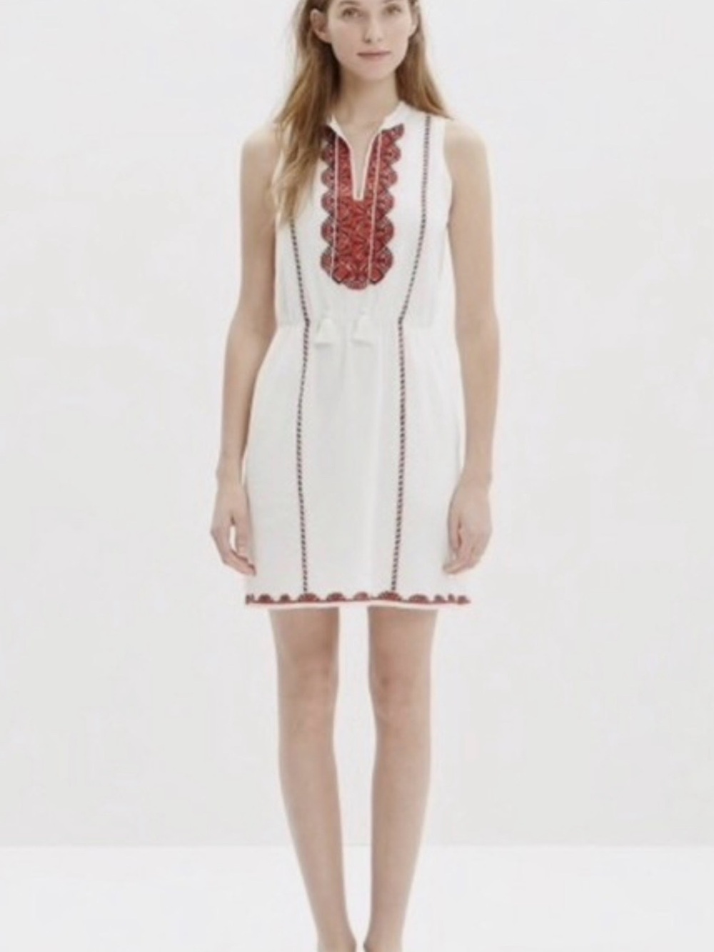 Madewell White Sleeveless Mini Dress with Red Embroidered Trim